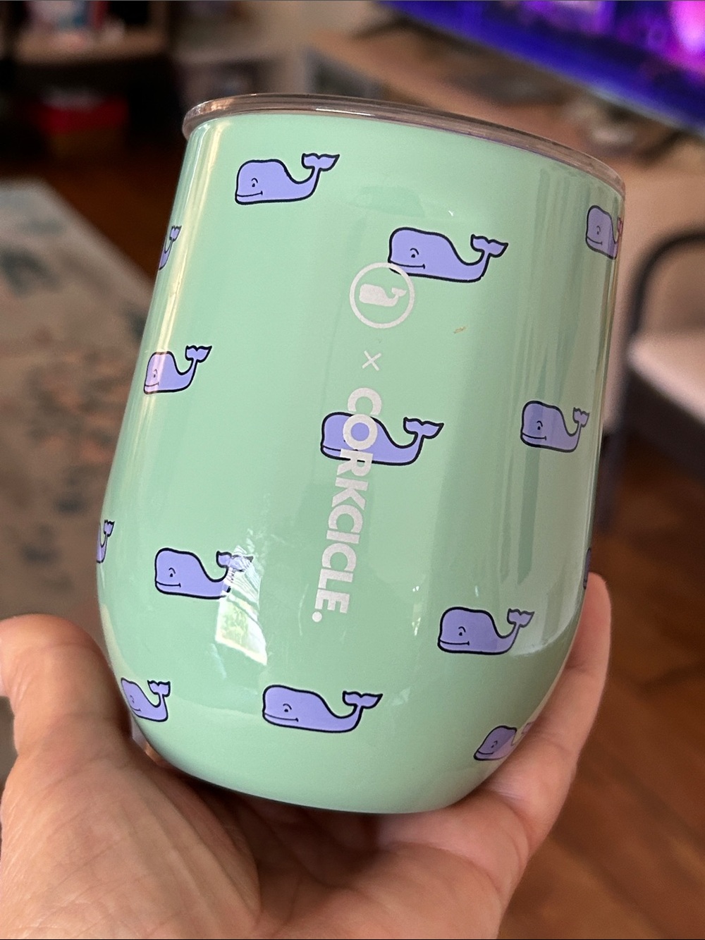 Corkcicle x vineyard vines Stemless Wine Cup Whales Repeat pattern in Capri Blue